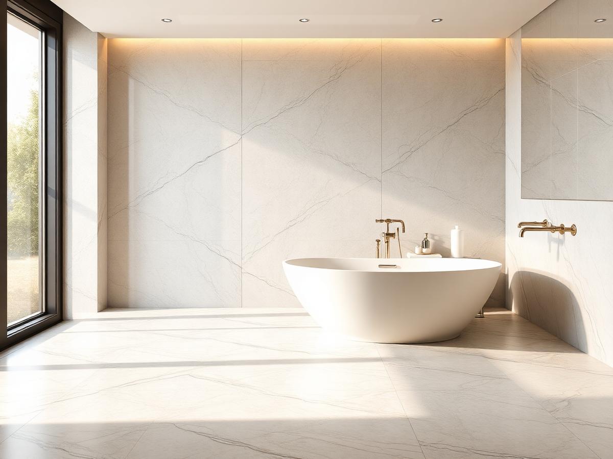 Bagno moderno con lastre effetto marmo e vasca freestanding