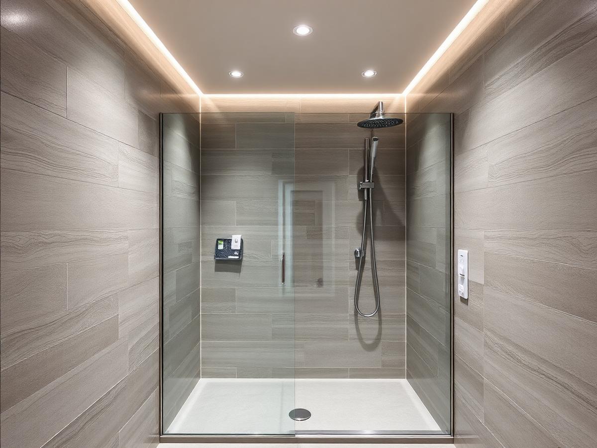 Zona doccia walk-in con piatto filo pavimento e rivestimento effetto pietra