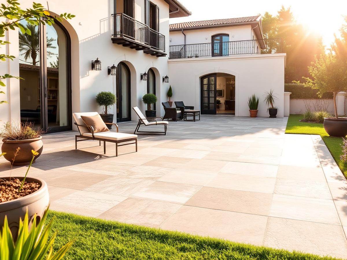 Terrazza esterna pavimentata in gres porcellanato effetto pietra