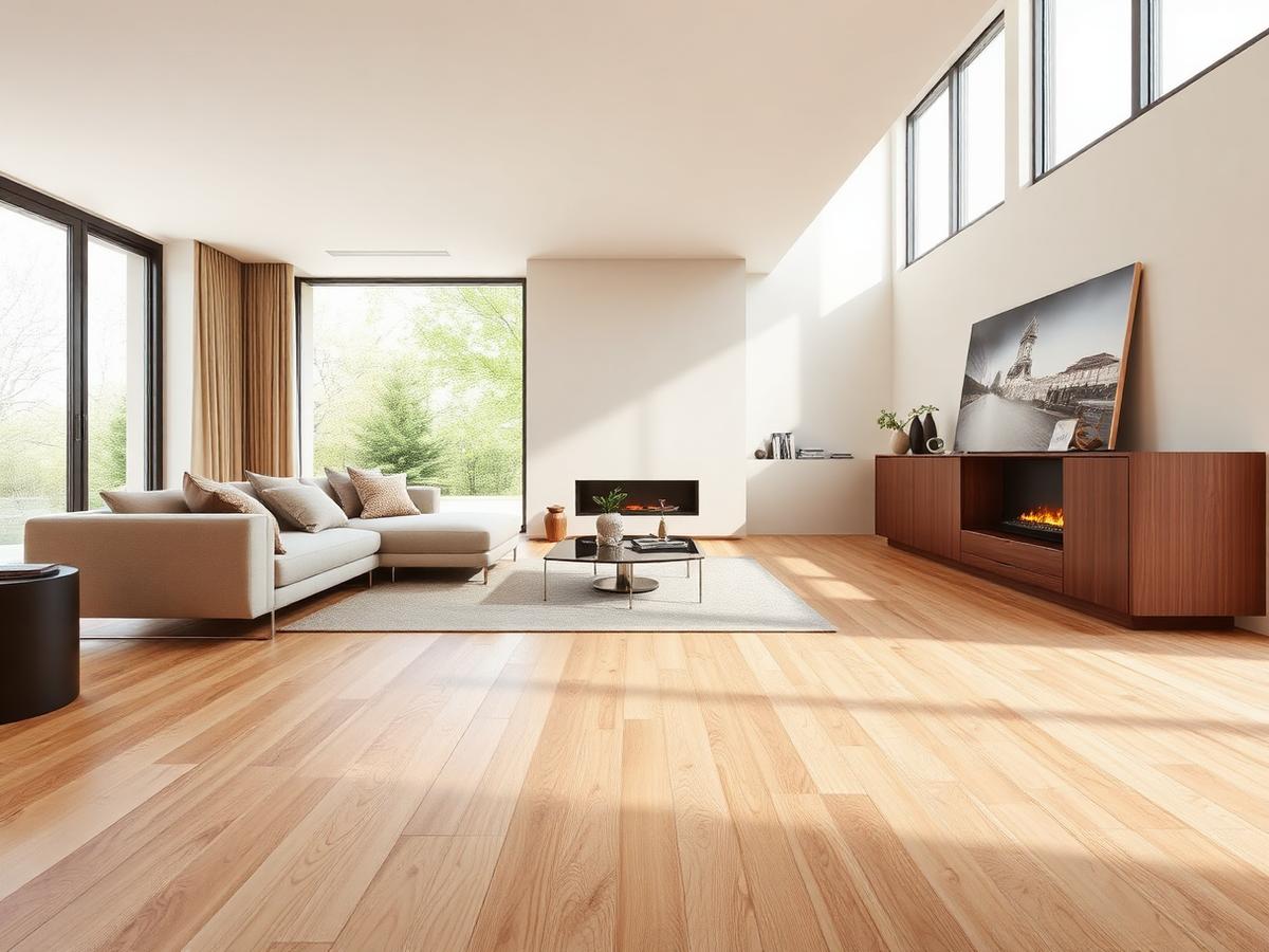 Soggiorno luminoso con pavimento in gres effetto legno